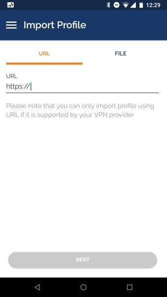 The OpenVPN Android app profile import menu selection