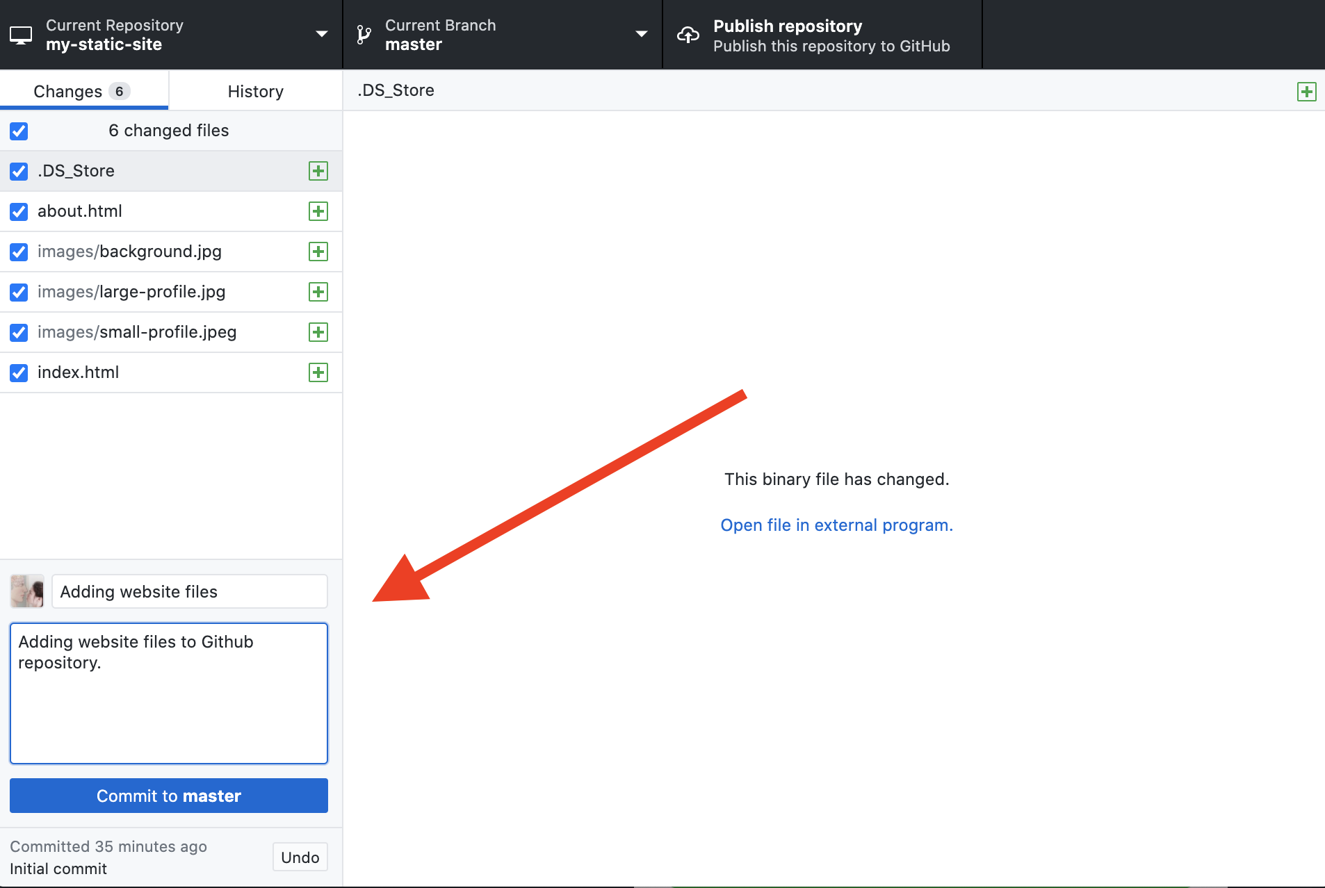 Image of where to add comment when committing files via the GitHub Desktop app