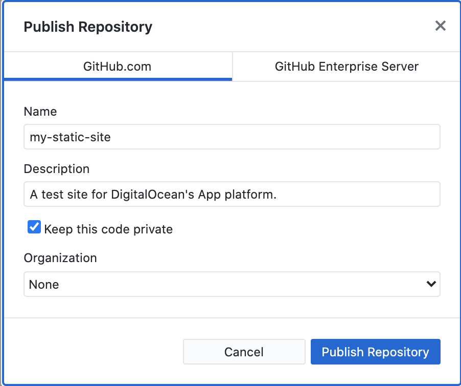 Image of details for publishing the repo